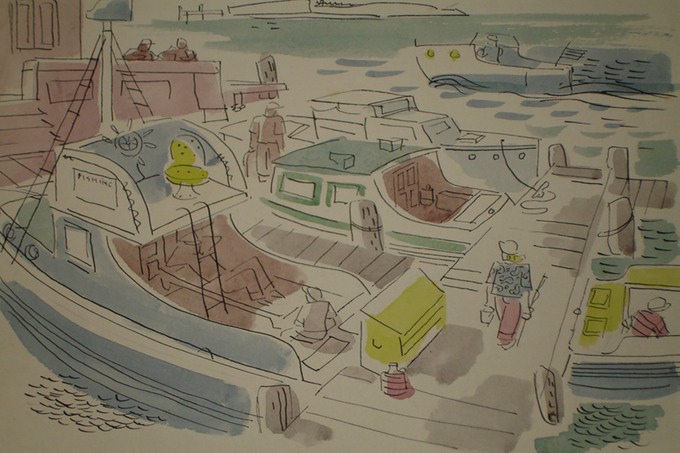 Going Fishing at City Pier (Pen & Ink & Watercolor) 1940-50's