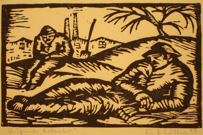 "Workers Taking a Rest" Linoleum Block Munich Art School 1921-22  4 3-4x6 1-2 Signed